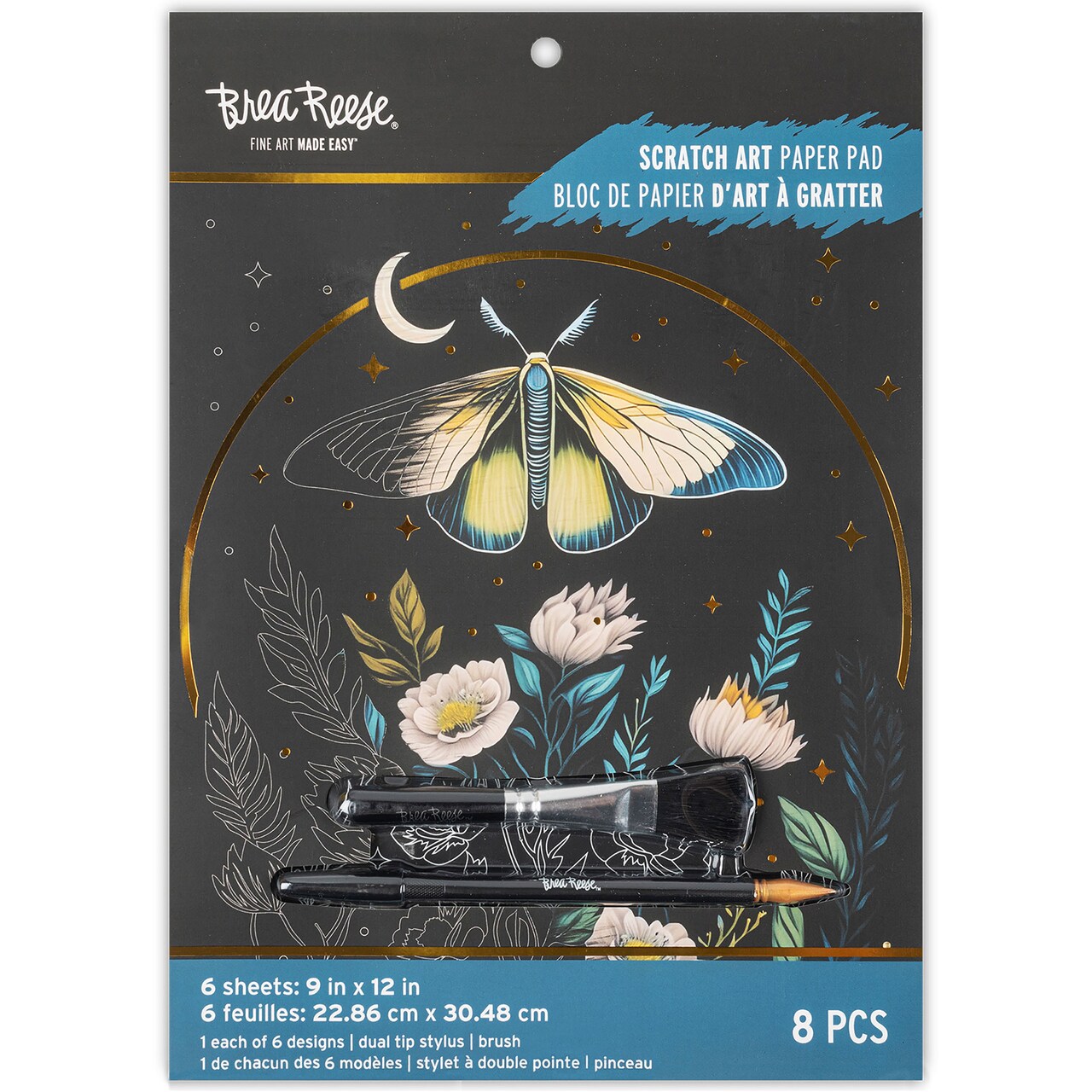 Brea Reese: Scratch Art Paper Pad - Midnight Botanicals - 6 Designs, Guided Art, Metallic Accents, Dual-Tip Stylus & Brush, 9x12" Pages, Adult Craft
